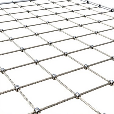 Double-braided rope climbing net with heavy-duty aluminum connectors, sharp focus on structural joints.
