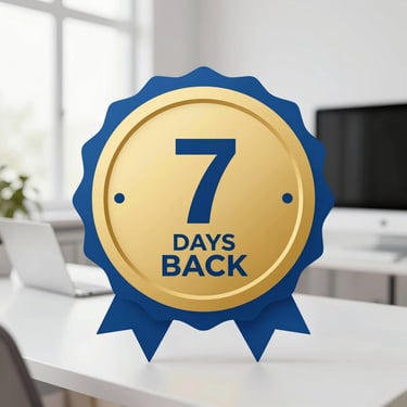 A clean modern security seal illustration, gold and blue tones, representing 7 days money back guarantee, professional design
