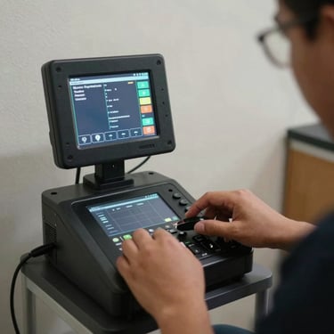Técnico especializado utilizando geofone digital em parede interna de residência, iluminação focada, close-up das mãos operando o painel digital do equipamento técnico.