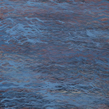 Abstract oil painting featuring blue and brown expressive brushstrokes creating a wavy, textured water pattern.