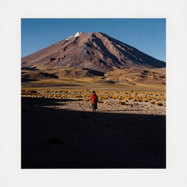 Close-up of a fine art photographic print with wide white margins, depicting a lone figure on the Bolivian Altiplano under high-contrast natural shadows