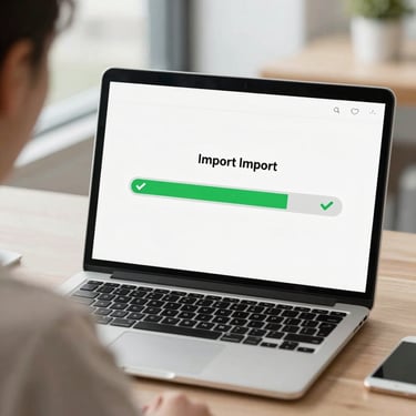 Over-the-shoulder shot of a clean laptop screen displaying a simple data import progress bar with green checkmarks, soft natural office lighting.