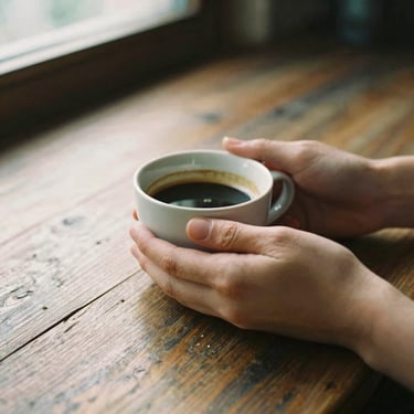 Hands holding a warm ceramic cup on a rustic wooden table, soft morning light, rich espresso shadows, 35mm film.