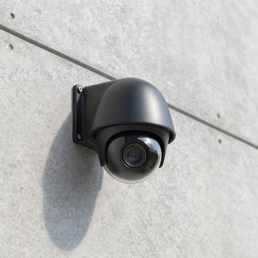 Close-up of a professional black dome CCTV camera cleanly mounted on a raw concrete wall, sharp architectural lighting, minimal style