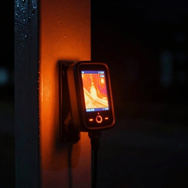 High-tech thermal imaging scanner analyzing a structural pillar in a low-key environment, displaying bright orange heat signatures against deep black shadows.