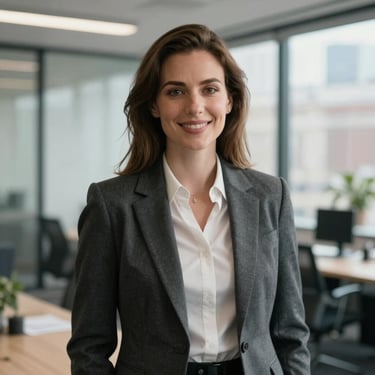 A professional portrait of a woman in a smart business suit, smiling confidently in a modern London office setting. Soft, natural lighting, Northern European professional attire.