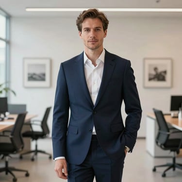 A professional portrait of a man in a tailored navy suit standing in a bright gallery-style office. He looks composed and knowledgeable. Professional Northern European styling.