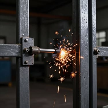 Bright orange sparks flying from a precision welding torch on a heavy structural steel gate, dark workshop background, high contrast