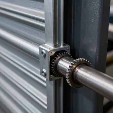 Macro shot of heavy aluminum rolling shutter joints and motor gears, industrial precision, dramatic workshop lighting