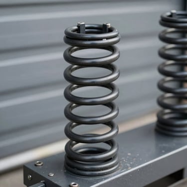Industrial steel garage door spring and torsion bar system, matte black and gray tones, sharp focus on mechanical details