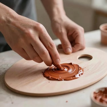 Hands gently mixing terracotta paint on a ceramic palette, soft focus, warm studio light.