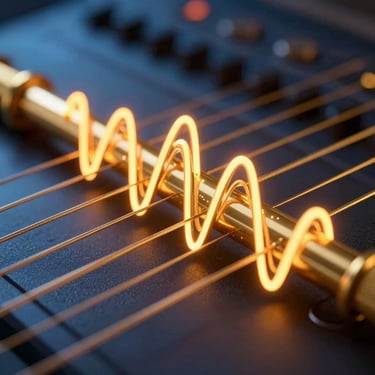 Macro close-up of gold veena strings vibrating with neon saffron soundwaves, dark ambient background, futuristic digital radio aesthetic, 3d render, 35mm
