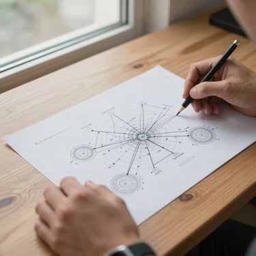 Close-up detail of hands holding a printed network topology diagram on a wooden desk, bright overcast daylight from a window to the left, pencil annotations visible on the paper
