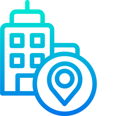 Office building with location pin icon representing commercial real estate and venue location