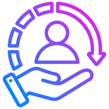 Hand holding person icon with circular arrow representing customer support and user care services