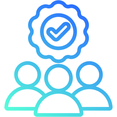 Team of people with quality badge icon representing customer success and verified service excellence
