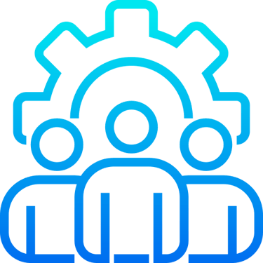 Team of people with gear icon representing business management and leadership
