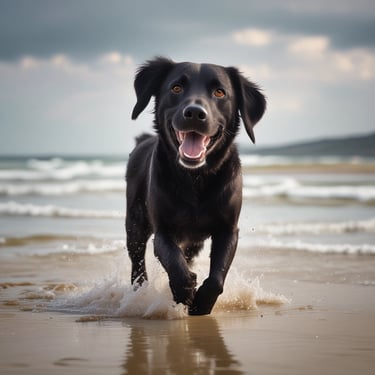 A cheerful black Labrador joyfully running through a sunlit park with a frisbee.