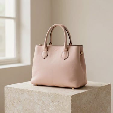 A premium leather handbag resting on a minimalist stone plinth, soft beige background, diffused natural light