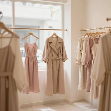 A curated arrangement of new arrival fashion pieces and accessories in a bright, warm-minimalist Ampang boutique setting