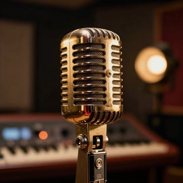 Extreme close-up of a vintage tube microphone in a dark recording studio, warm gold console lights glowing in the background.
