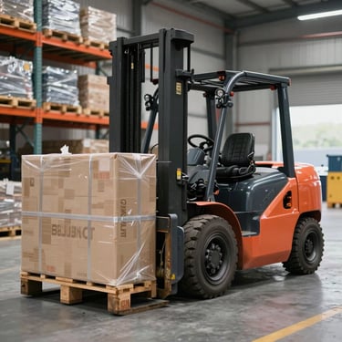 Heavy-duty industrial forklift maneuvering large pallets inside a modern warehouse.