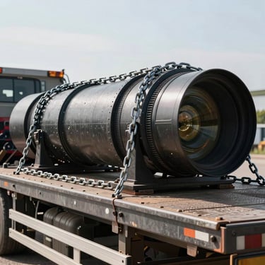 Heavy-duty flatbed platform trailer loaded with large industrial components, secured with steel chains.