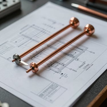Extreme close-up of technical blueprints overlaid with copper instruments, soft natural light on a dark desk.