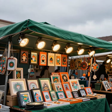 LED strip lights illuminating a product display on a market stall, showing warm light on crafts, overcast daylight.
