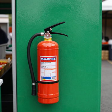 Small, portable fire extinguisher mounted on a market stall post, easily accessible, overcast daylight.