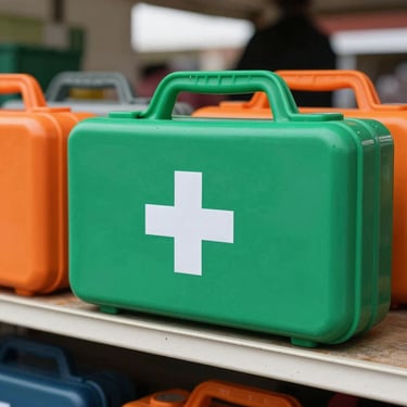 First-aid kit box, clearly labeled, placed on a shelf within a market stall, emphasizing safety, overcast daylight.