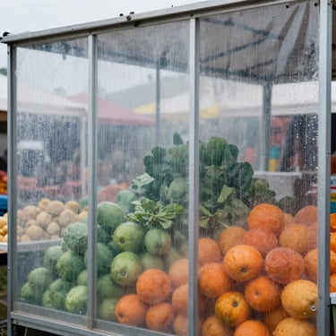 Heavy-duty transparent PVC side wall for a market stall, showing rain beaded on the surface, overcast daylight.