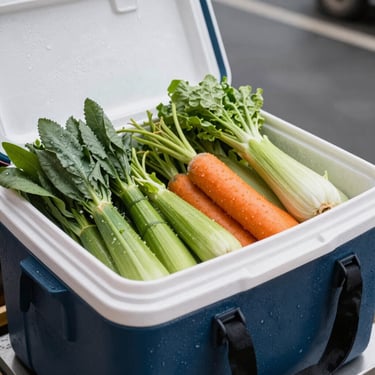 Thermal insulated cooler bag filled with fresh produce at a food stall, showing condensation on the outside, overcast daylight.