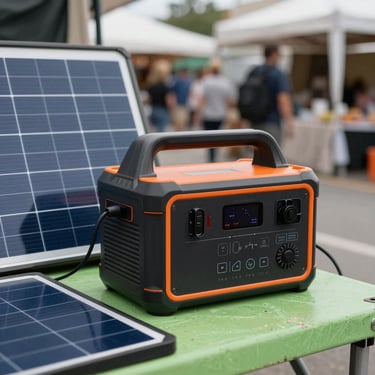 Portable power bank for outdoor use, being charged from a solar panel on a market stall, natural daylight.