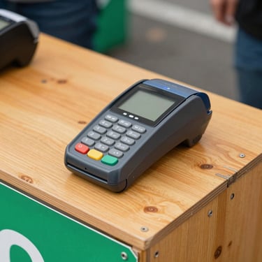 Compact, portable credit card machine on a wooden market stall table, ready for a transaction, natural daylight.