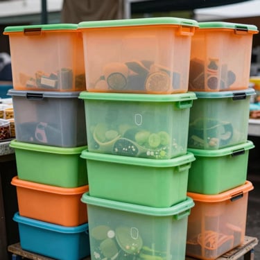 Waterproof storage bins for market supplies, stacked neatly at the back of a stall, ensuring items stay dry, overcast daylight.