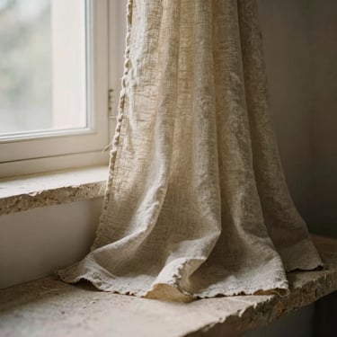 Textured raw linen fabric draped over a stone ledge, warm editorial photography, natural afternoon window light, muted earthy tones, medium format film, soft shadows