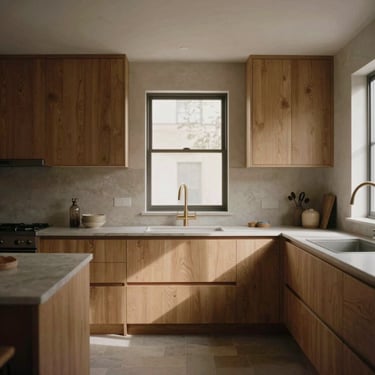 Architectural view of a minimalist kitchen featuring custom oak cabinetry, warm editorial photography, natural afternoon window light, muted earthy tones, medium format film, soft shadows