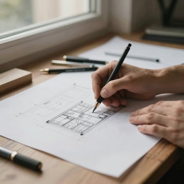 Close-up of a designer's hands sketching spatial plans on heavy paper, drafting tools, warm editorial photography, natural afternoon window light, muted earthy tones, medium format film, soft shadows