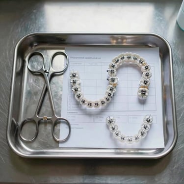 Overhead view of a clinical preparation tray with orthodontic instruments, brackets, and a treatment planning printout, flat clinical lighting casting no shadows, sterile stainless surface
