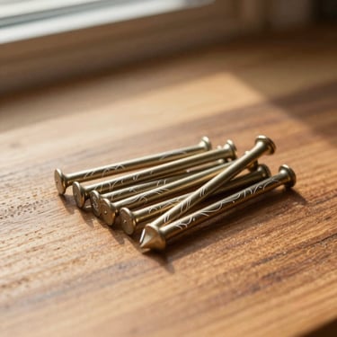 Nails with delicate white line art details against a warm wooden tabletop background