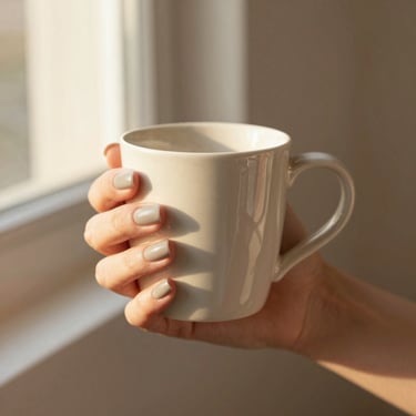 Hands holding a ceramic mug, showing off detailed press-on nail art in soft, natural morning light.