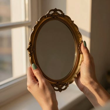 Hands with sage green press-on nails holding a vintage brass mirror, soft golden hour light