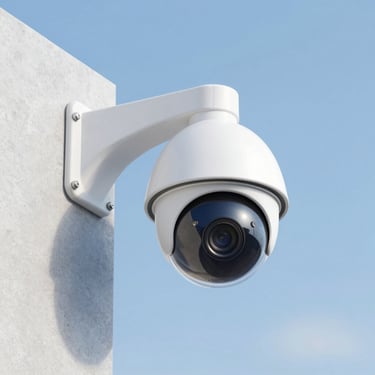 Modern white dome security camera mounted on a clean concrete wall, blue sky background