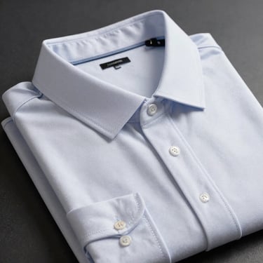 Clean professional corporate polo shirt and oxford shirt folded neatly, emphasizing structured collars and tight double-stitch lines.