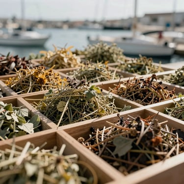 Tight macro shot of dried wild herbs and preserved botanicals in wooden crates, cool overcast harbor daylight