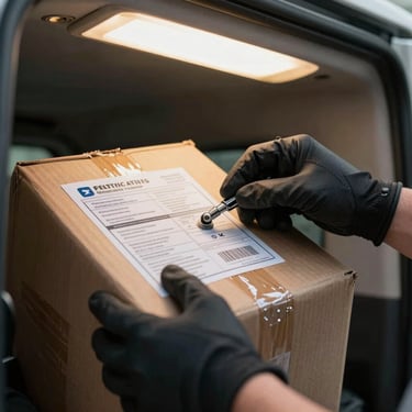 Close-up of a professional driver's gloved hand securing a labeled cargo package inside a clean van interior, overhead bay lighting illuminating the locking mechanism and compliance label clearly, no faces visible, operational and precise