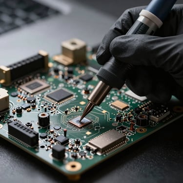 Extreme close-up of gloved hands using a precision micro-soldering tool on a dark MacBook logic board, dramatic high-contrast studio lighting, metallic textures.