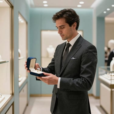 A distinguished male jeweler in a dark charcoal suit, standing in a brightly lit boutique hallway with Soft Pearl Blue accents, holding an elegant jewellery case.