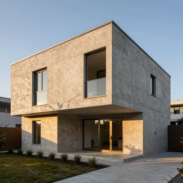 Wide-angle architectural elevation of a concrete residential structure, sharp geometric shadows cast on raw concrete, minimalist landscaping, low-angle golden hour